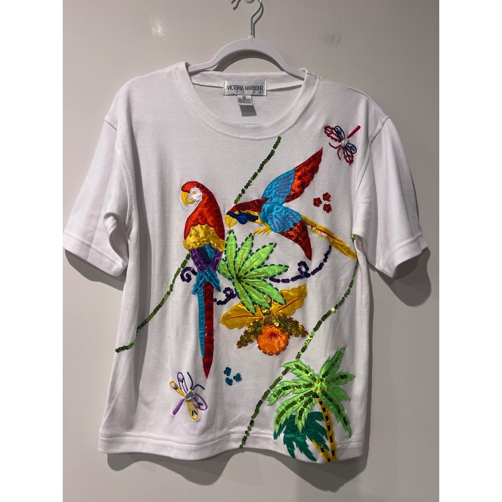 Victoria Harbour Women's Retro White Tropical Parrot Embroidered Sequin Shirt